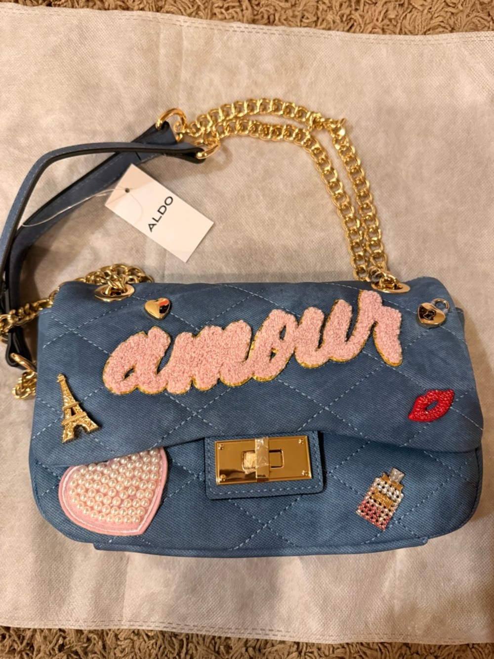 Aldo Blue 'Amour' Embellished Quilted Denim Shoulder Bag
